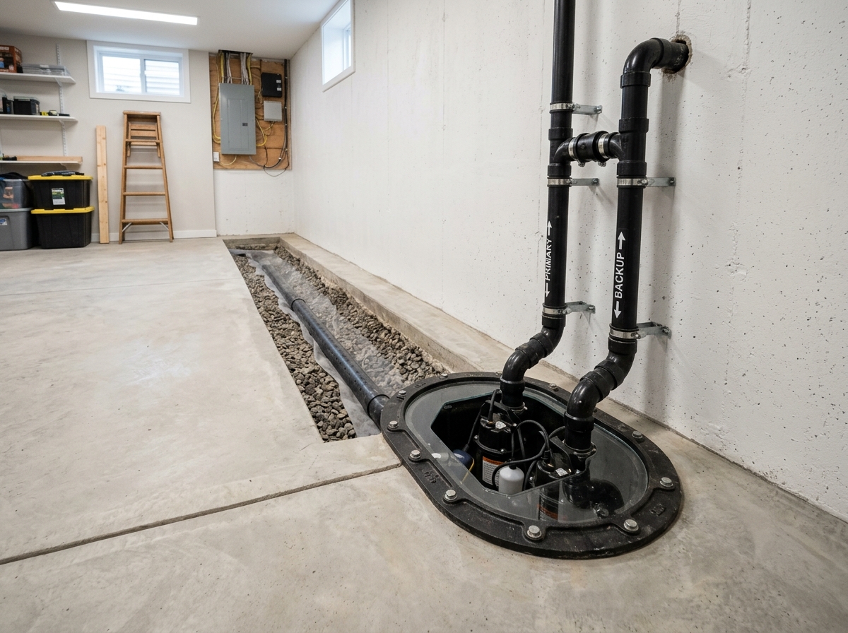 Interior French drain channel and cast iron sump pump system