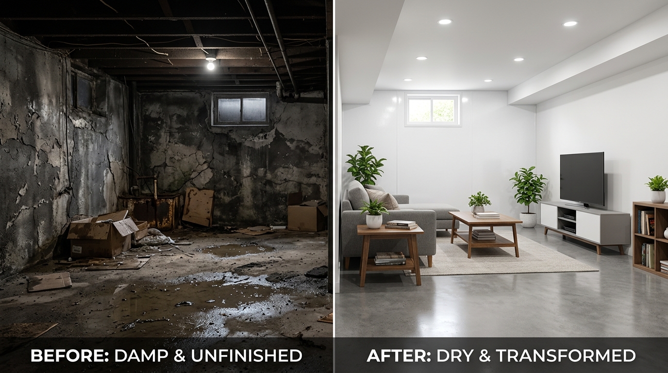 Before and after transformation of wet unfinished basement into dry living space