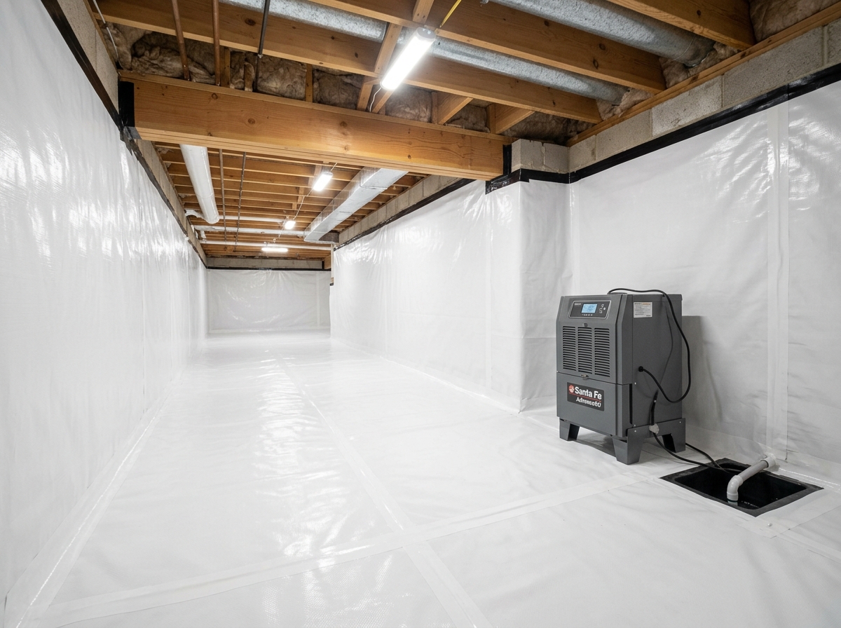 Encapsulated clean crawl space with white vapor barrier and dehumidifier