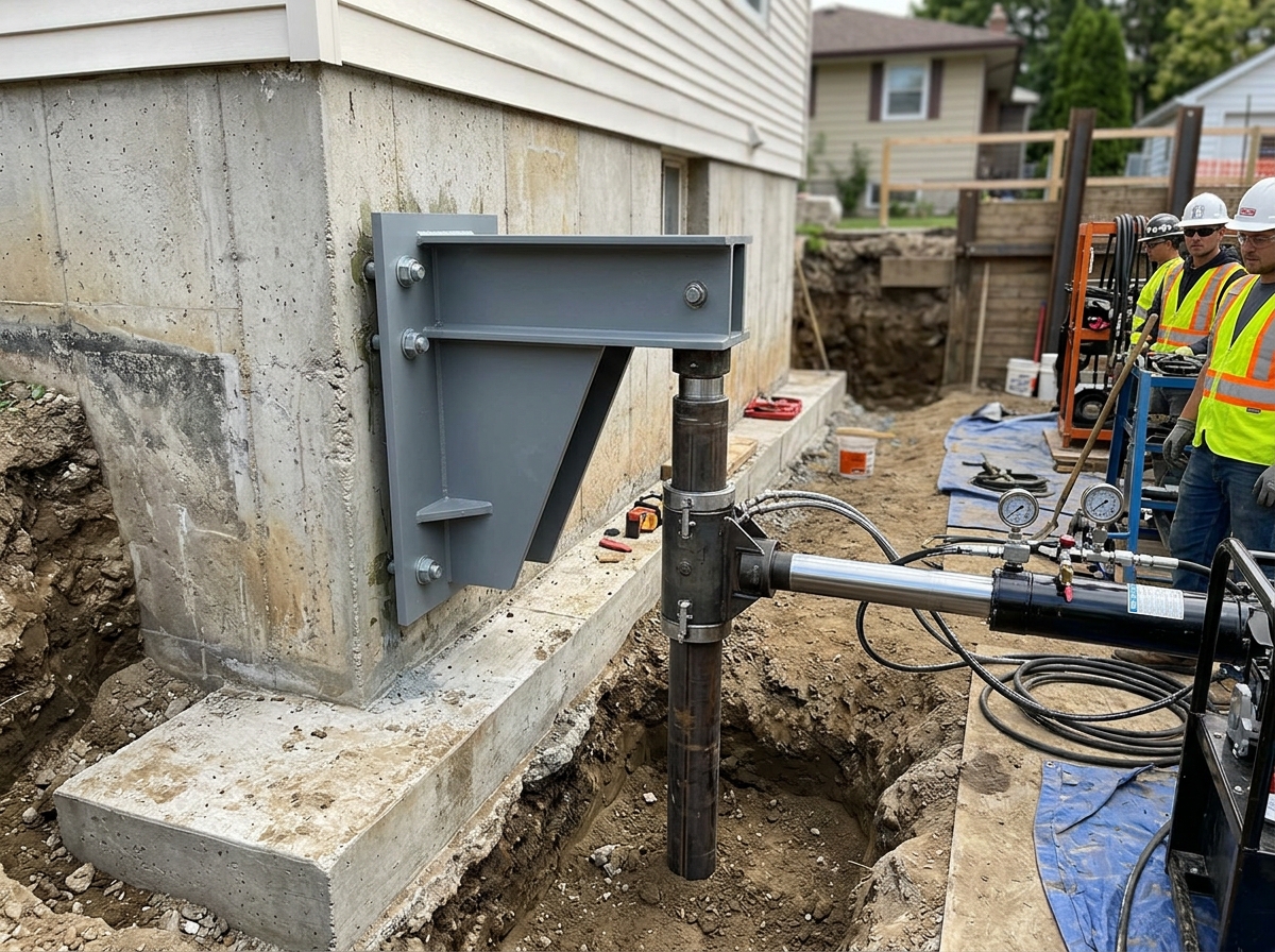 Steel push pier foundation stabilization installation in South Bend