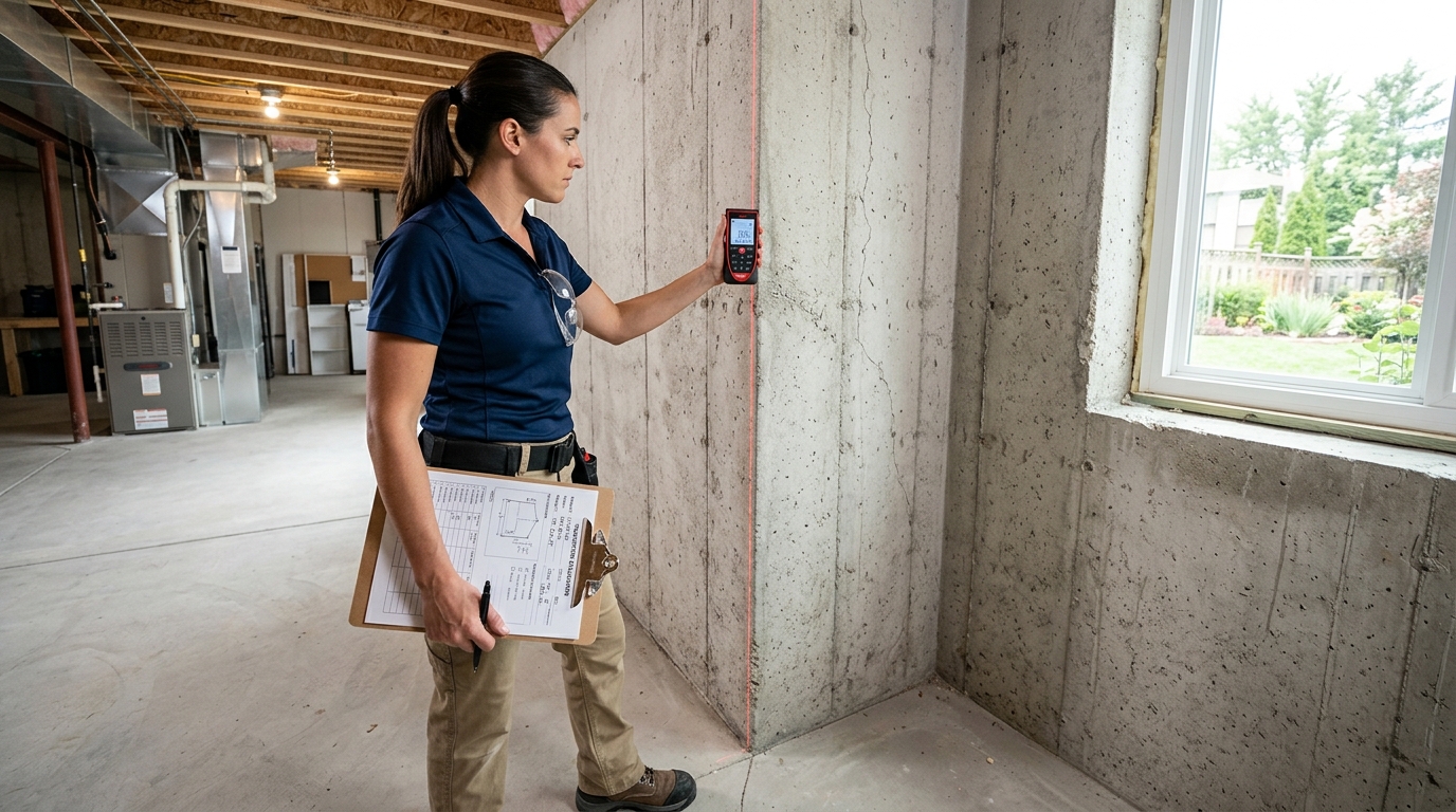 Foundation specialist conducting structural wall evaluation with laser level in basement