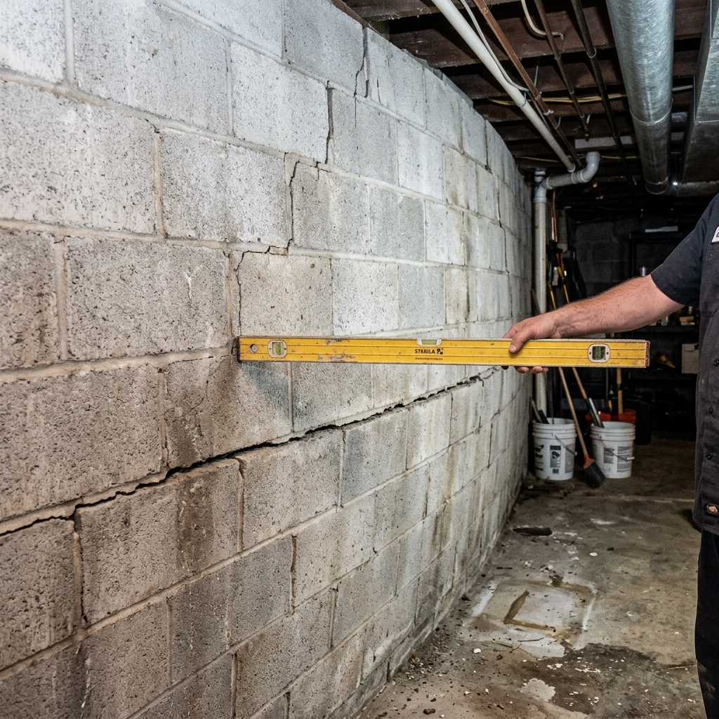 Basement block wall bowing inward under soil pressure