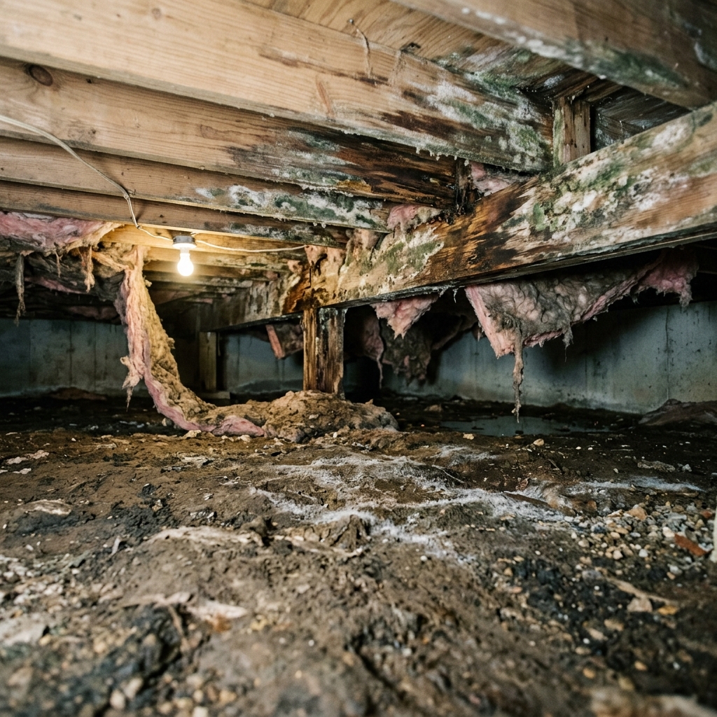 Damp crawl space with mold and wood rot