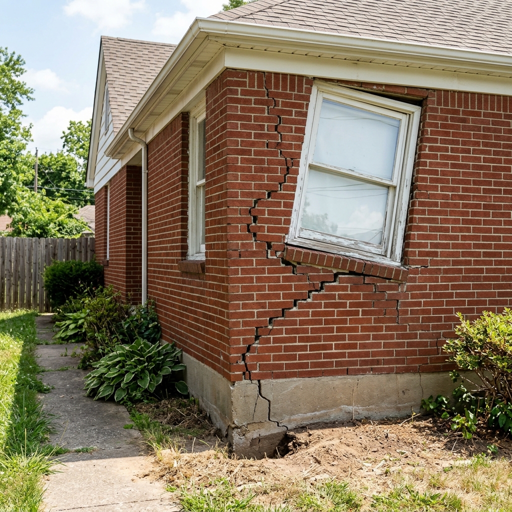 Settling home foundation corner with exterior brick cracks